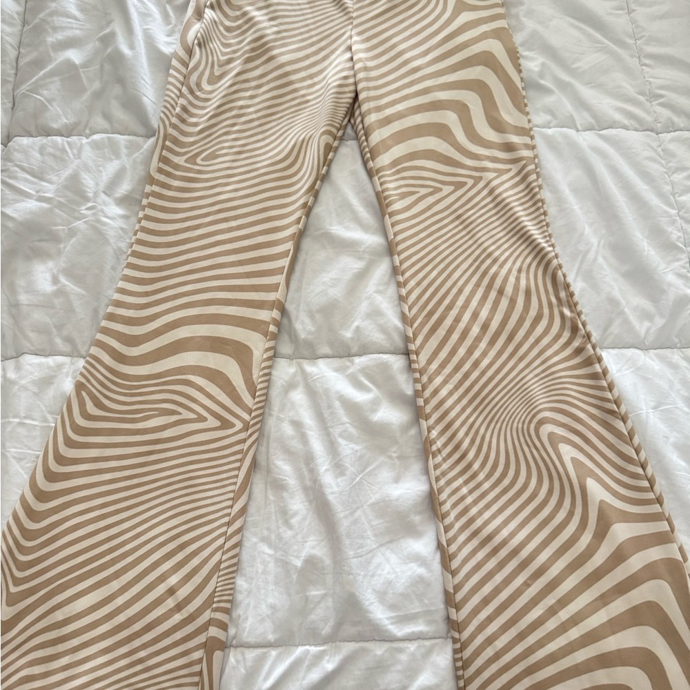 Beige and White Striped Flare Pants